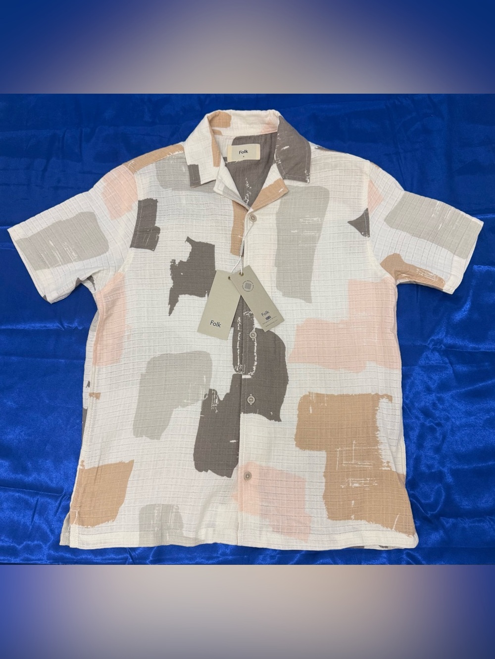 Folk Short-Sleeve Abstract Patchwork Button-Down in Cream, Brown - Men’s - Small